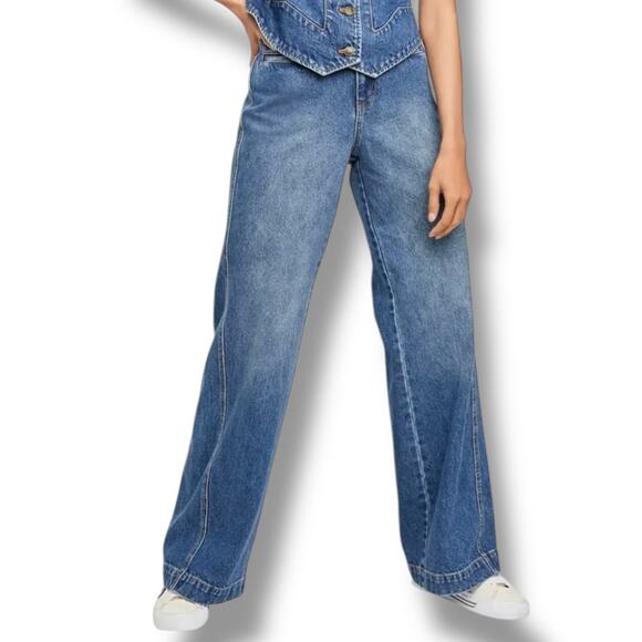 Free People We The Free Modern Meadow Denim Wide Leg Jeans Women's L Blue - Picture 1 of 11